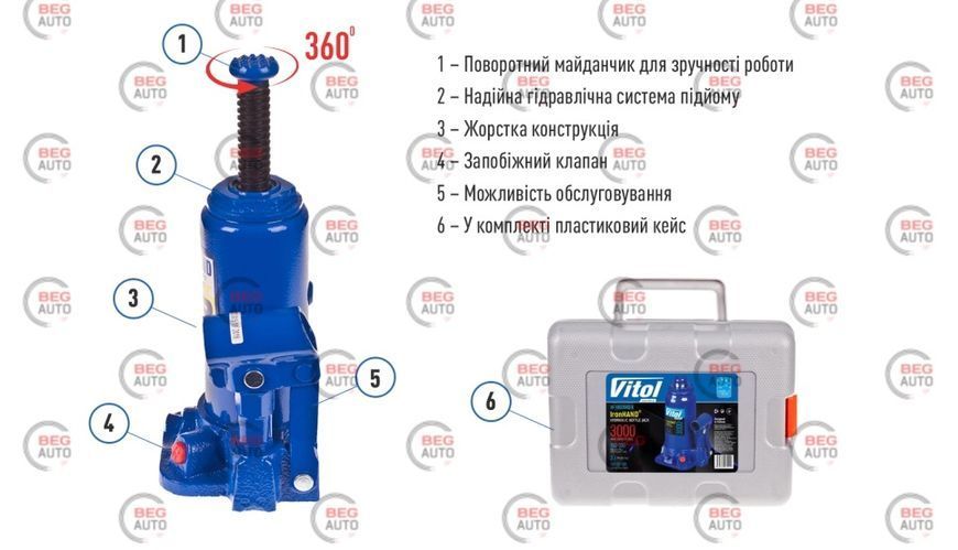 Домкрат гідравлічний 3Т Vitol Iron Hand (180-343мм) футляр IH-180350D-K фото